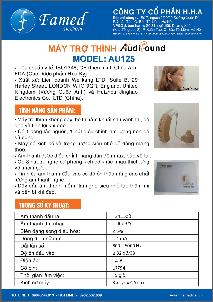 Máy trợ thính không dây Audi sound, model: AU125